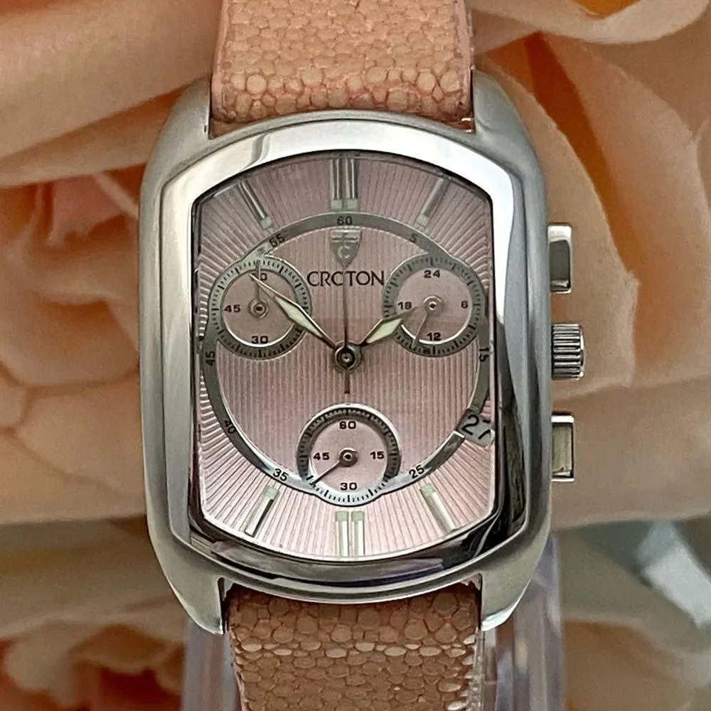 Croton All Stainless Steel Swiss Quartz Chronograph Pink Dial Sharkskin Strap
